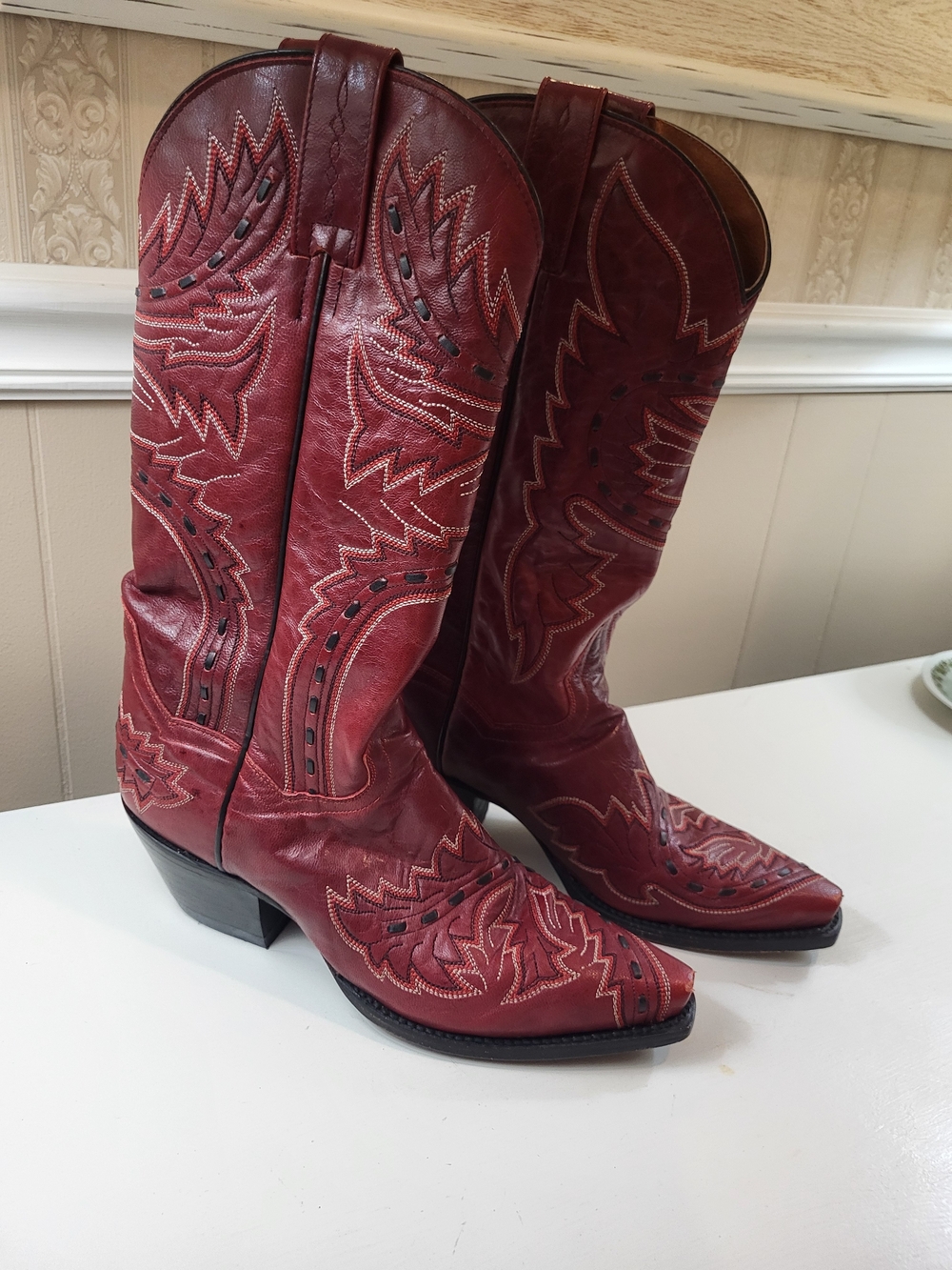 Dan Post Red Leather Western Knee-High Cowboy Boots, Size 8